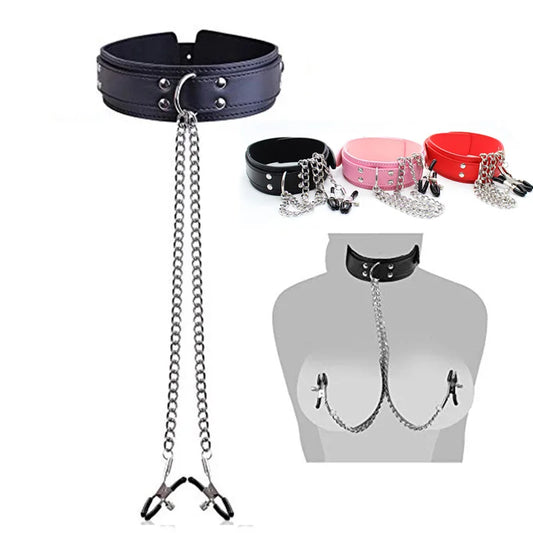 Leather Choker Collar with Nipples Breast Clamp Clip Chain Slave BDSM Sex Toys for Woman Couple Sex Tools Couples Adult Games - FETLIFESHOP